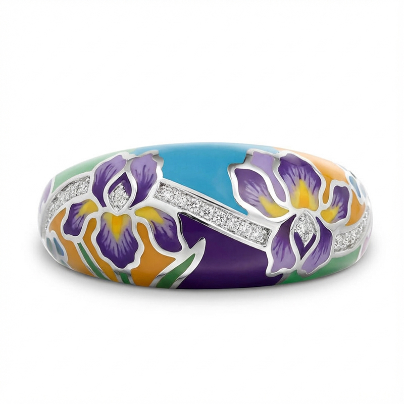 Sotiya Artist Collection Famous Painting Irises Inspired Enamel Women's Wedding Ring Sterling Silver-Sotiya