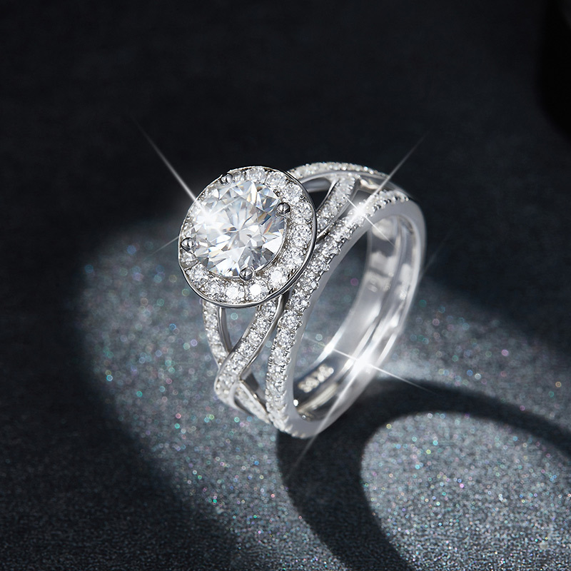 Sotiya Halo Round Cut Twist Moissanite Wedding Bridal Ring Set Sterling Silver-Sotiya
