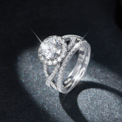 Sotiya Halo Round Cut Twist Moissanite Wedding Bridal Ring Set Sterling Silver-Sotiya