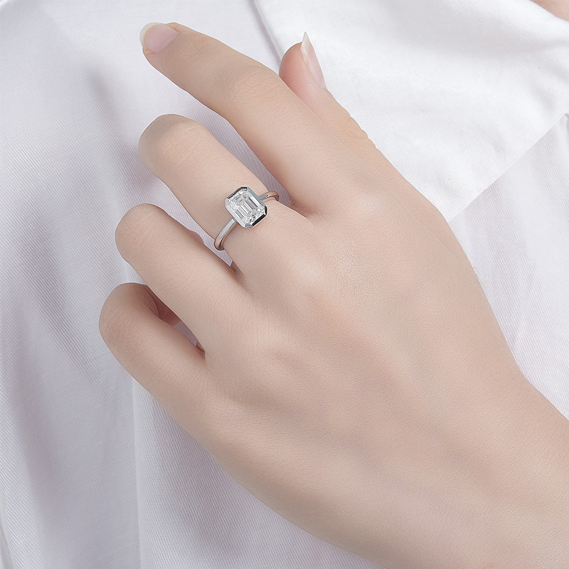 Sotiya Bezel Set Solitaire Emerald Cut Moissanite Engagement Ring Sterling Silver-Sotiya