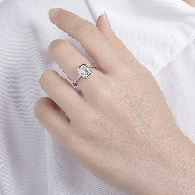 Sotiya Bezel Set Solitaire Emerald Cut Moissanite Engagement Ring Sterling Silver-Sotiya