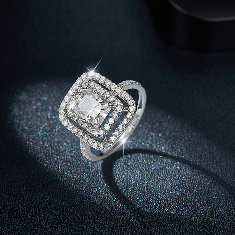 Sotiya Two Halo Radiant Cut Moissanite Engagement Ring Sterling Silver-Sotiya