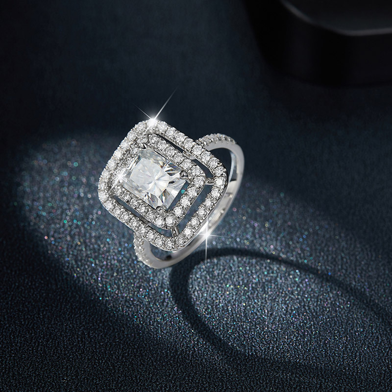 Sotiya Two Halo Radiant Cut Moissanite Engagement Ring Sterling Silver-Sotiya