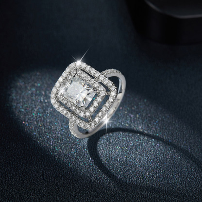 Sotiya Two Halo Radiant Cut Moissanite Engagement Ring Sterling Silver-Sotiya