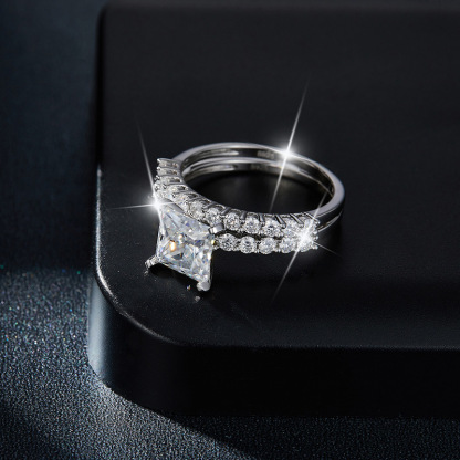 Sotiya Side Stones Princess Cut Moissanite Wedding Bridal Ring Set Sterling Silver-Sotiya