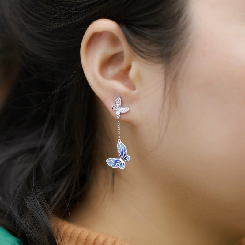Sotiya Blue Enamel Butterfly Drop Earrings Sterling Silver-Sotiya