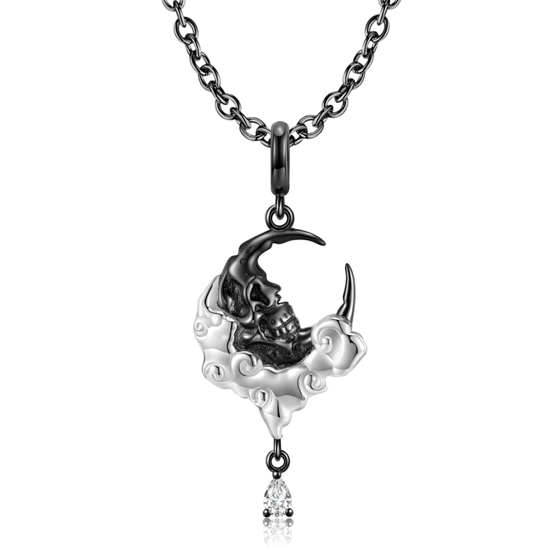Sotiya Two Tone Skull Moon Pear Cut Necklace Sterling Silver-Sotiya