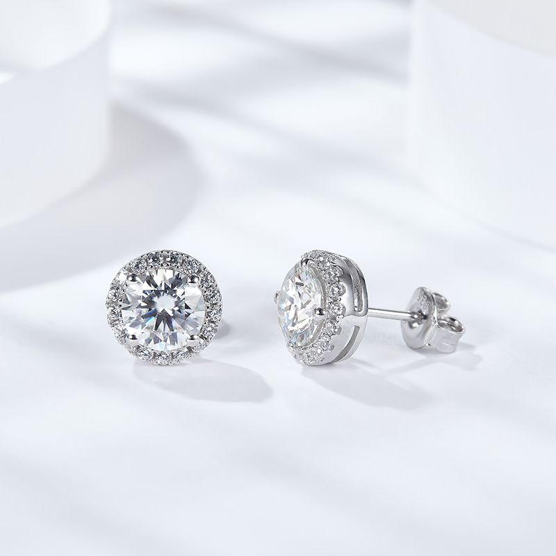 Sotiya Halo Round Cut Moissanite Stud Earrings Sterling Silver-Sotiya