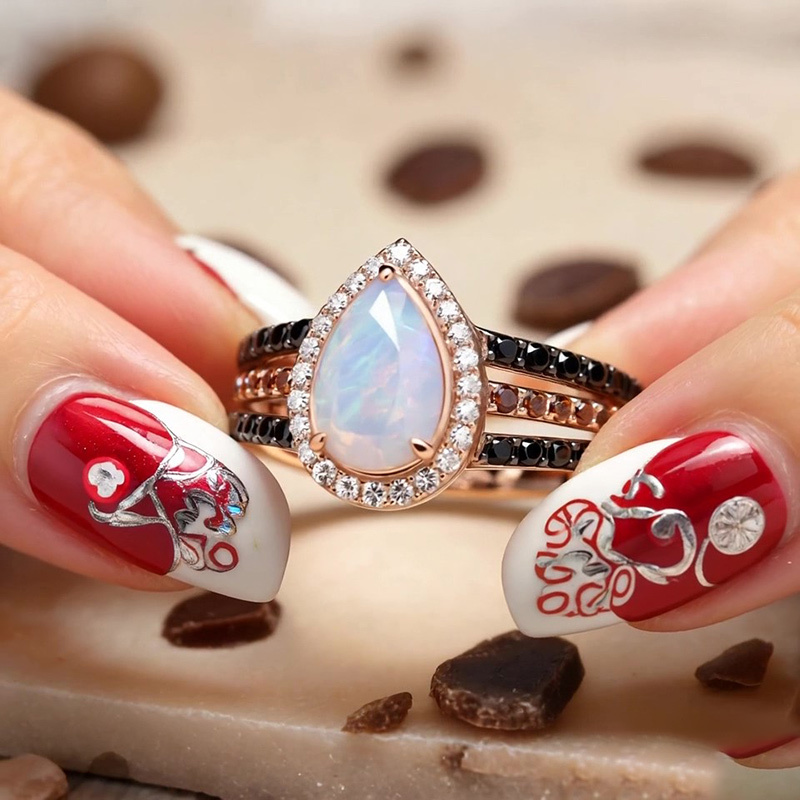 Sotiya Halo Pear Cut Opal Coffee Engagement Ring Sterling Silver-Sotiya