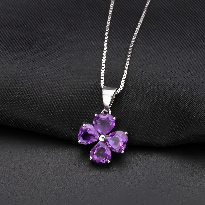 Sotiya Natural Gemstone Amethyst Four Leaf Clover Design Necklace Sterling Silver-Sotiya