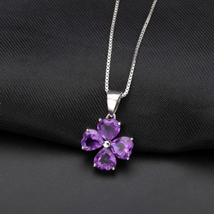 Sotiya Natural Gemstone Amethyst Four Leaf Clover Design Necklace Sterling Silver-Sotiya