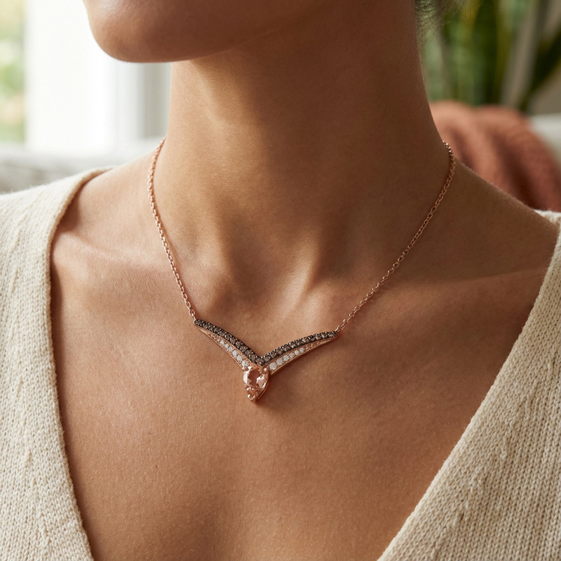 Sotiya V-shaped Design Synthetic Morganite Pear Cut Coffee Necklace Sterling Silver-Sotiya