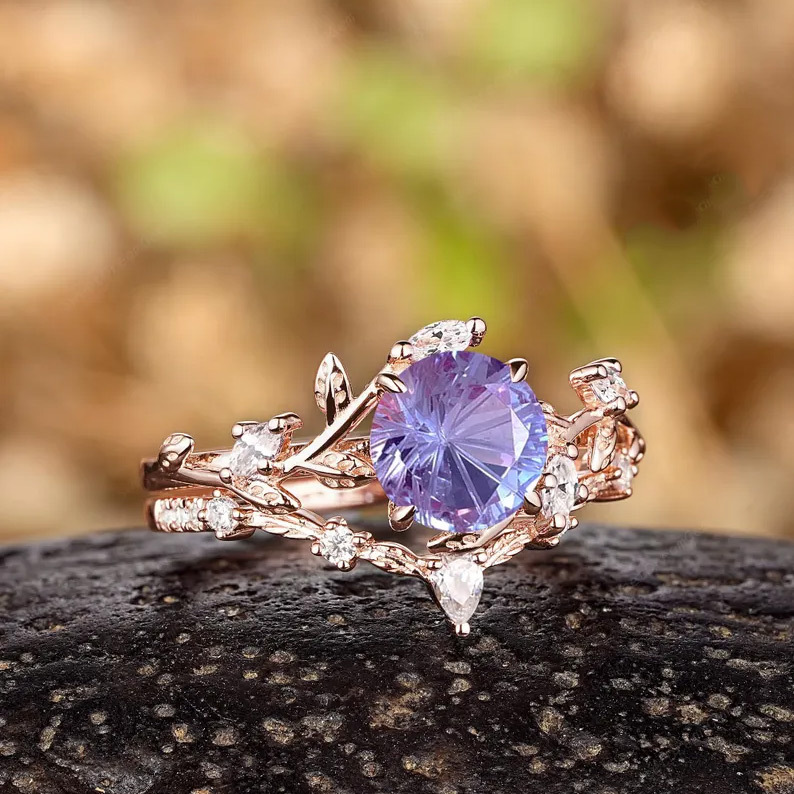 Sotiya Nature Inspired Leaf Purple Round Fantasy Starbrite Cut Engagement Ring Sterling Silver-Sotiya