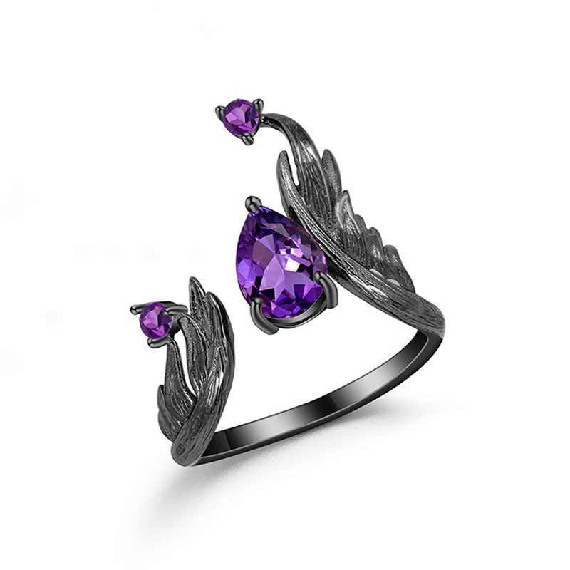 Sotiya Natural Gemstone Amethyst Adjustable Openable Cocktail Ring Sterling Silver-Sotiya