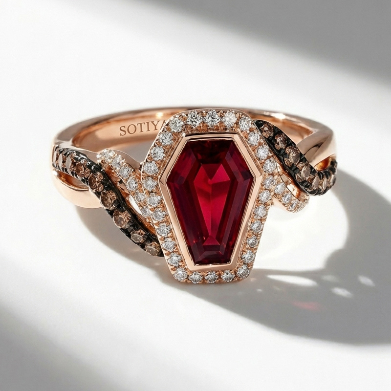 Sotiya Two Tone Twist Shank Halo Coffin Cut Coffee Engagement Ring Sterling Silver-Sotiya