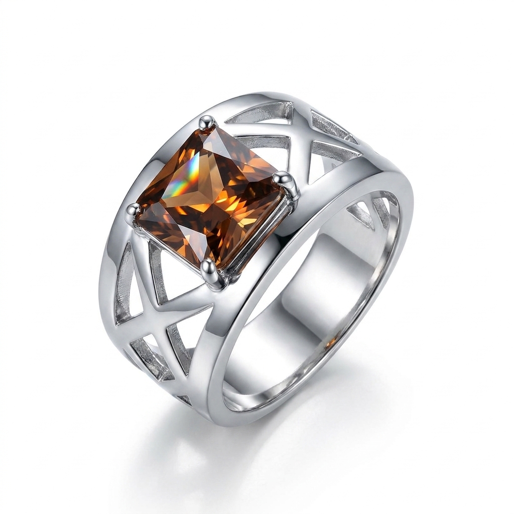 Sotiya Hollow Cross Solitaire Coffee Radiant Cut Men's Promise Ring Sterling Silver