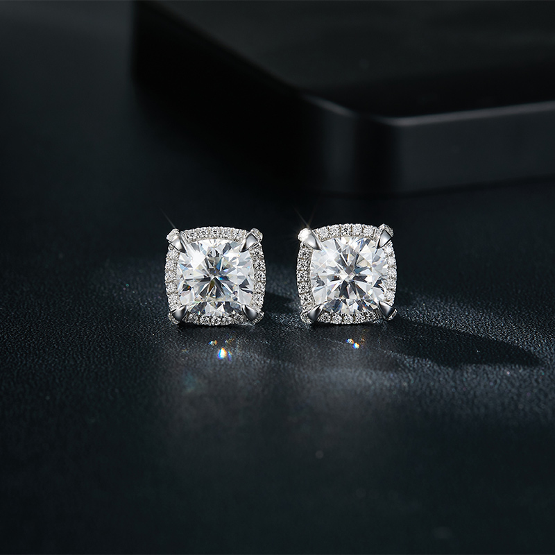 Sotiya Halo Cushion Cut Moissanite Stud Earrings Sterling Silver-Sotiya