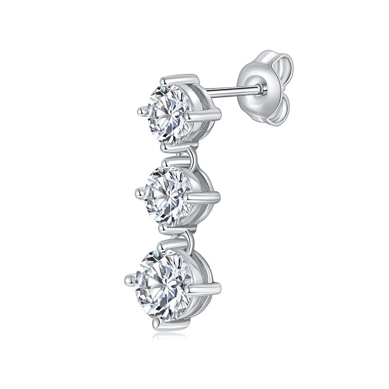 Sotiya Three Stone Round Cut Moissanite Drop Earrings Sterling Silver-Sotiya