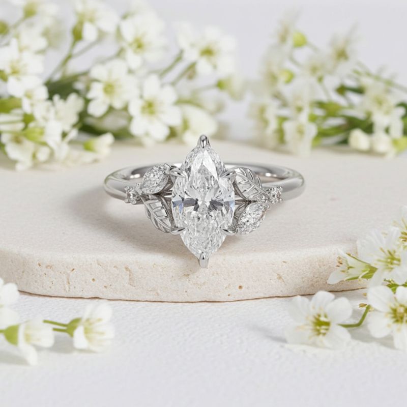 Sotiya Marquise Cut Leaves Nature Inspired Engagement Ring Sterling Silver