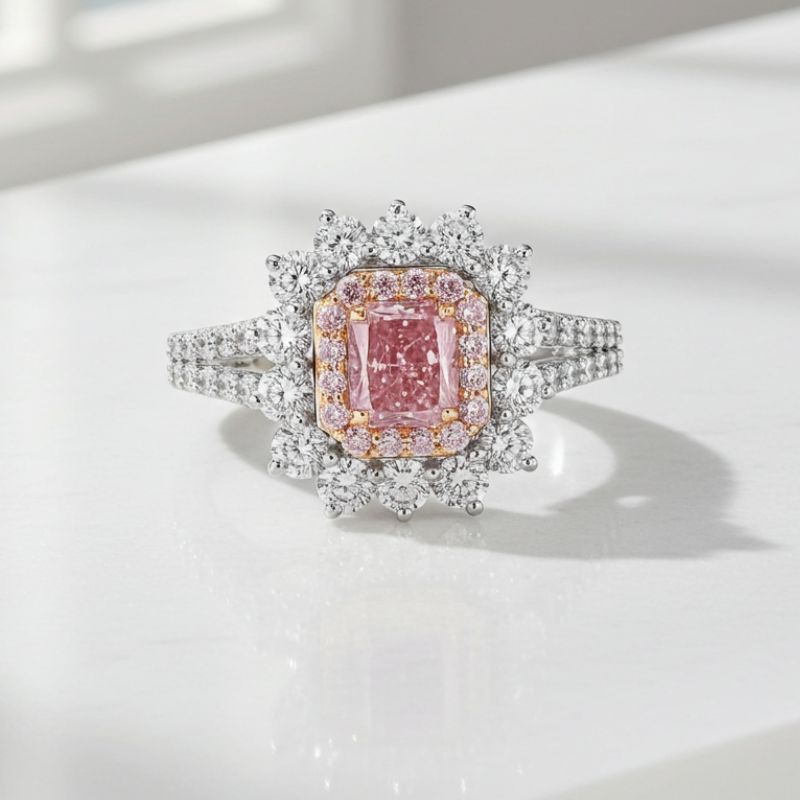 Sotiya Two Halo Purplish-pink Radiant Cut Engagement Ring High-carbon Zircon Sterling Silver