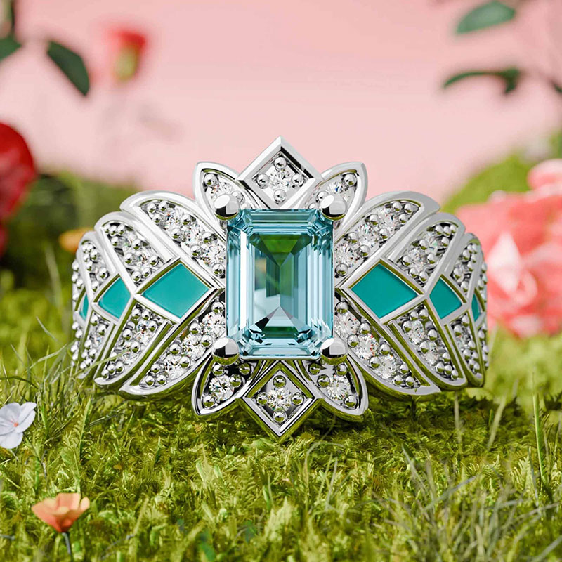 Sotiya Emerald Cut Starlight Enamel Engagement Ring Sterling Silver-Sotiya