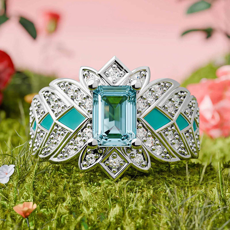 Sotiya Emerald Cut Starlight Enamel Engagement Ring Sterling Silver-Sotiya