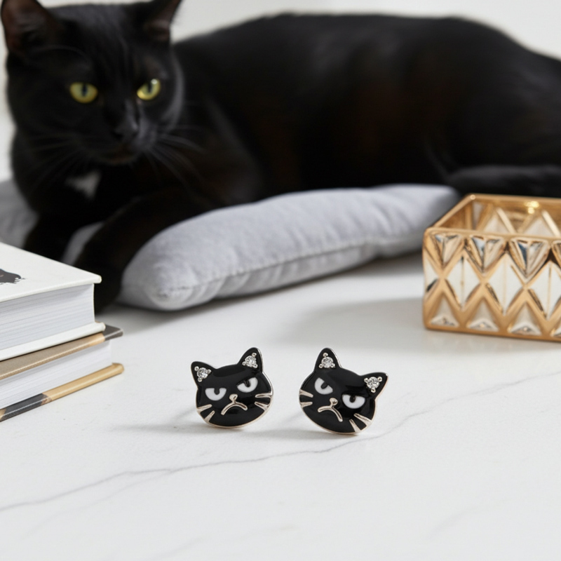Sotiya Grumpy Black Cat Enamel Stud Earrings-Sotiya