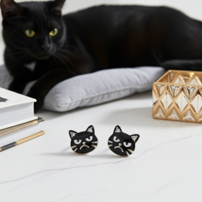 Sotiya Grumpy Black Cat Enamel Stud Earrings-Sotiya