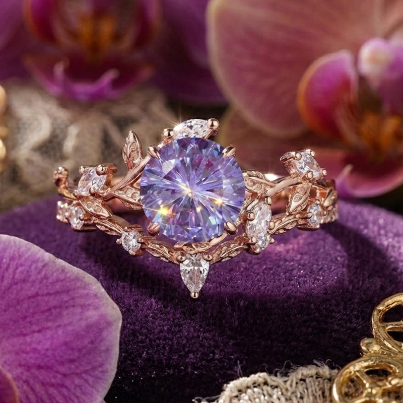 Sotiya Nature Inspired Leaf Purple Round Fantasy Starbrite Cut Engagement Ring Sterling Silver-Sotiya