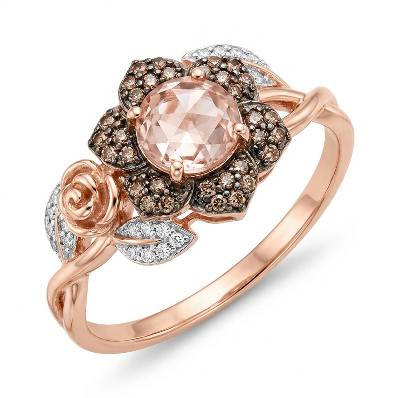 Sotiya Rose and Leaf Synthetic Morganite Flower Halo Round Cut Coffee Engagement Ring Sterling Silver-Sotiya