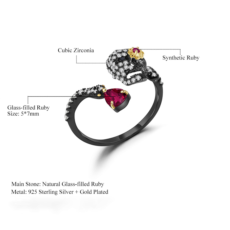 Sotiya Natural Gemstone Ruby Halloween Skull Adjustable Openable Cocktail Ring Sterling Silver-Sotiya