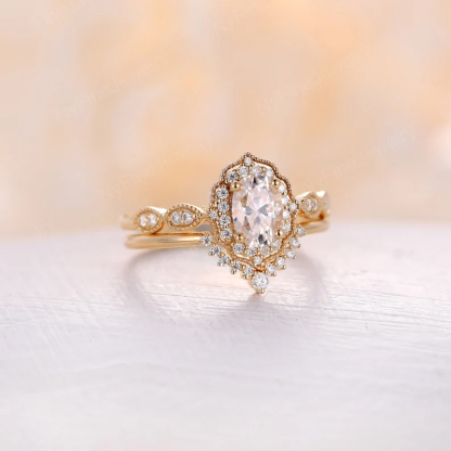 Sotiya Vintage Milgrain Halo Oval Cut Wedding Bridal Ring Set Sterling Silver-Sotiya