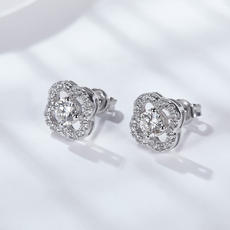 Sotiya Four Leaf Clover Round Cut Moissanite Stud Earrings Sterling Silver-Sotiya