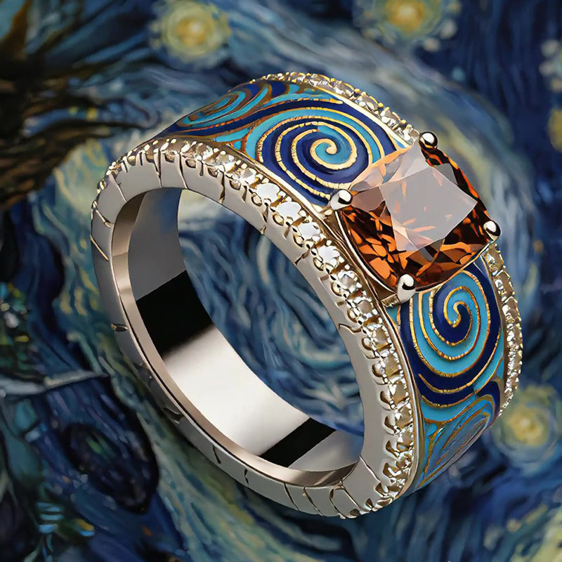 Sotiya Artist Collection Famous Painting Starry Night Vintage Cushion Cut Coffee Engagement Ring Sterling Silver-Sotiya