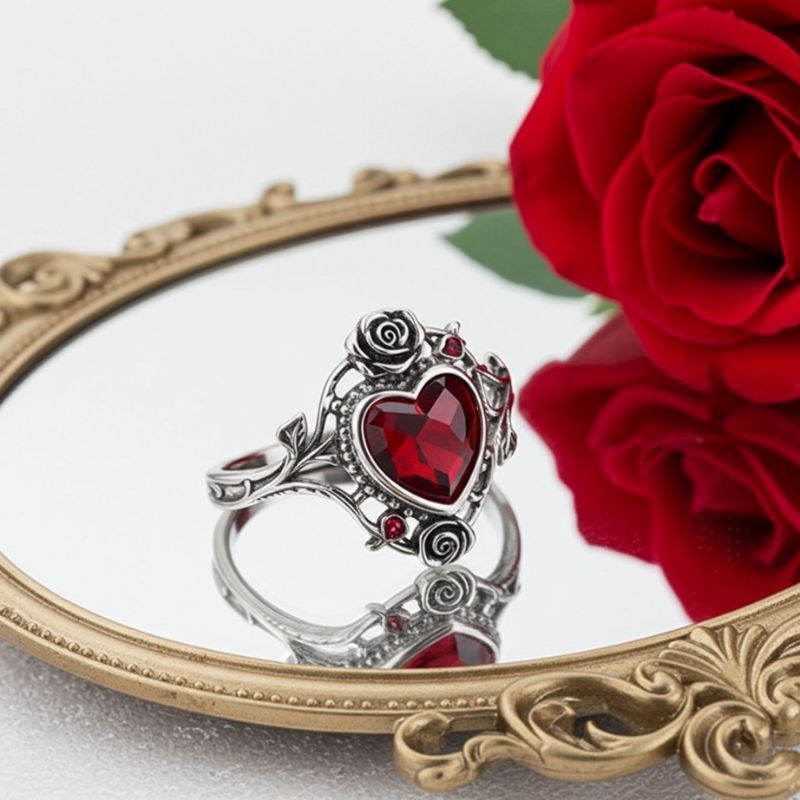 Sotiya Vintage Rose Heart Cut Garnet Skull Inspired Cocktail Ring Sterling Silver-Sotiya