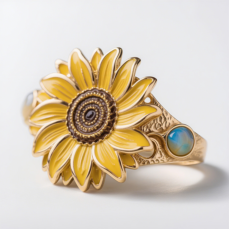 Sotiya Artist Collection Famous Painting Sunflower Moonstone Enamel Cocktail Ring Sterling Silver-Sotiya
