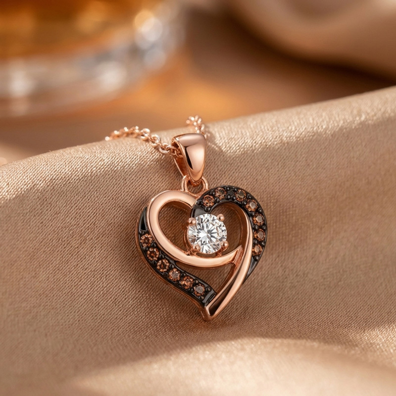 Sotiya Two Tone Heart Shaped Round Cut Coffee Necklace Sterling Silver-Sotiya