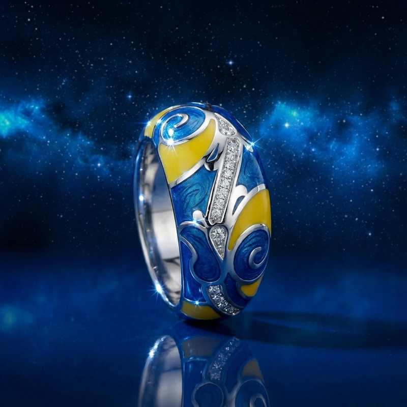 Sotiya Artist Collection Famous Painting Starry Night Inspired Enamel Women's Wedding Ring Sterling Silver-Sotiya