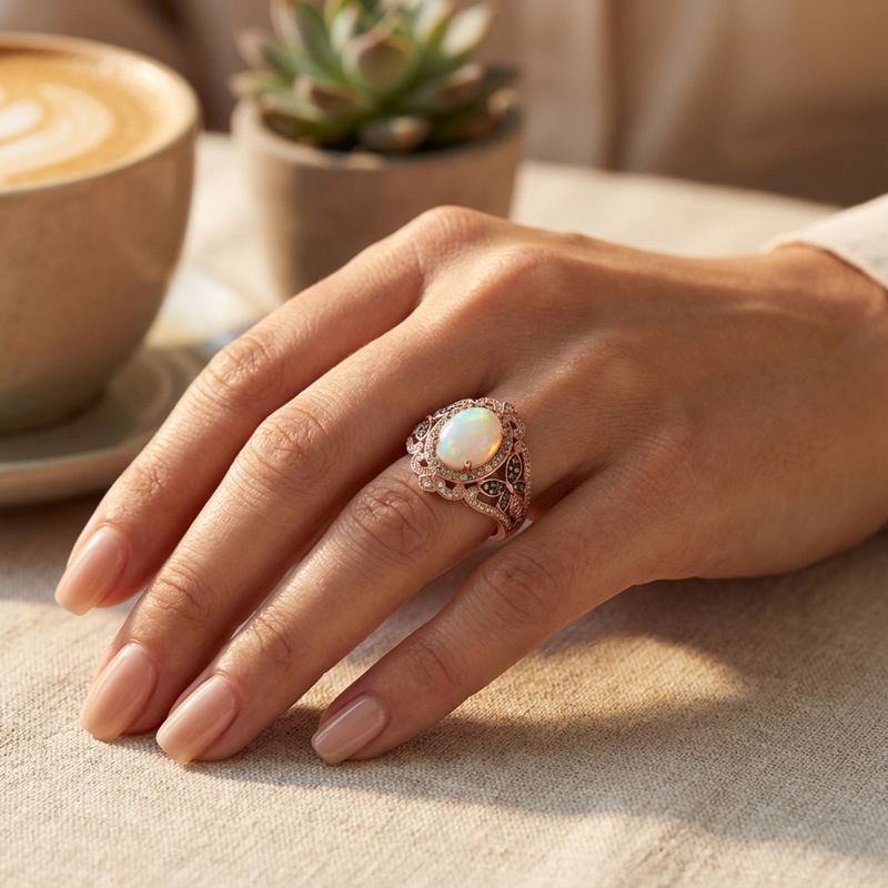 Sotiya Butterfly Colorful Halo Opal Oval Cut Coffee Engagement Ring Sterling Silver-Sotiya