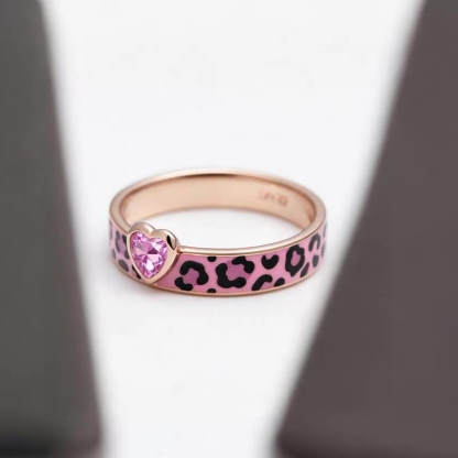 Sotiya Heart Cut Pink Leopard Print Enamel Ring Sterling Silver-Sotiya