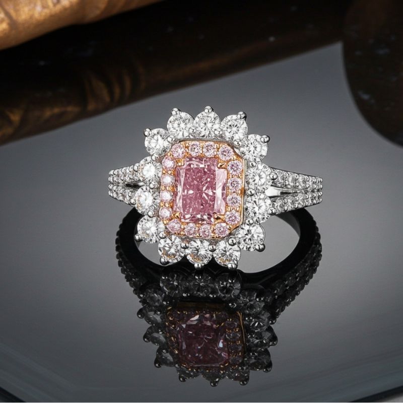 Sotiya Two Halo Purplish-pink Radiant Cut Engagement Ring High-carbon Zircon Sterling Silver