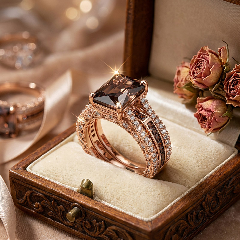 Sotiya Interchangeable Radiant Cut Coffee Wedding Bridal Ring Set