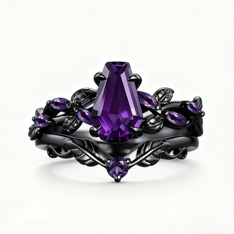 Sotiya Vintage Amethyst Nature Inspired Coffin Cut Wedding Bridal Ring Set Sterling Silver-Sotiya