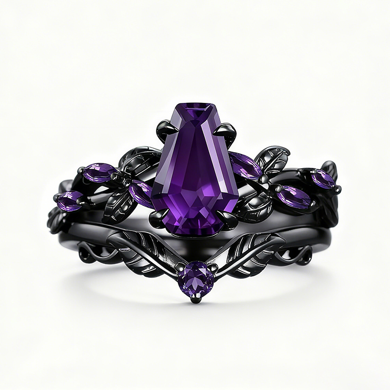 Sotiya Vintage Amethyst Nature Inspired Coffin Cut Wedding Bridal Ring Set Sterling Silver-Sotiya