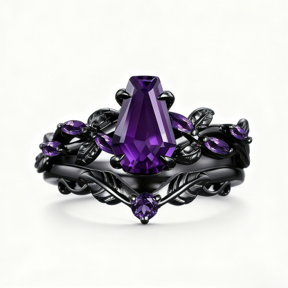 Sotiya Vintage Amethyst Nature Inspired Coffin Cut Wedding Bridal Ring Set Sterling Silver-Sotiya