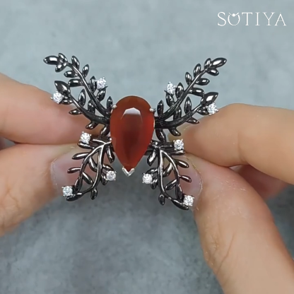 Sotiya Natural Gemstone Red Agate Leaves Butterfly Cocktail Ring Sterling Silver