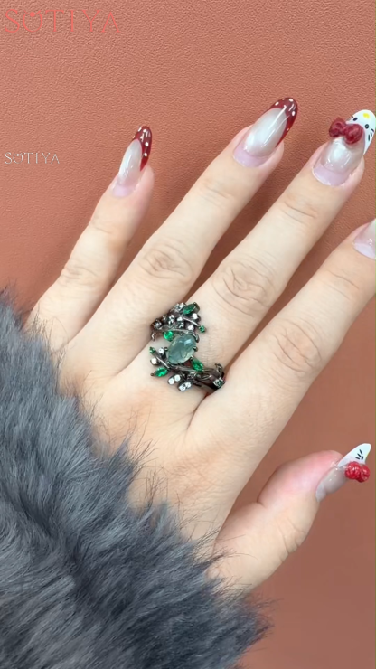 Sotiya Vintage Nature Inspired Oval Cut Green Moss Agate Enhancer Wedding Bridal Ring Set Sterling Silver