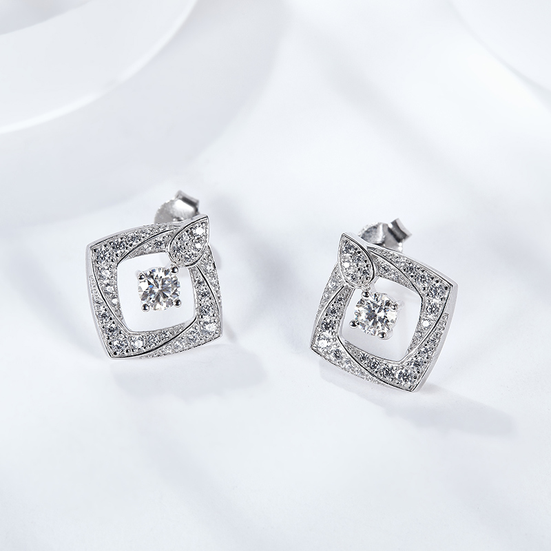 Sotiya Twist Square Design Round Cut Moissanite Stud Earrings Sterling Silver-Sotiya