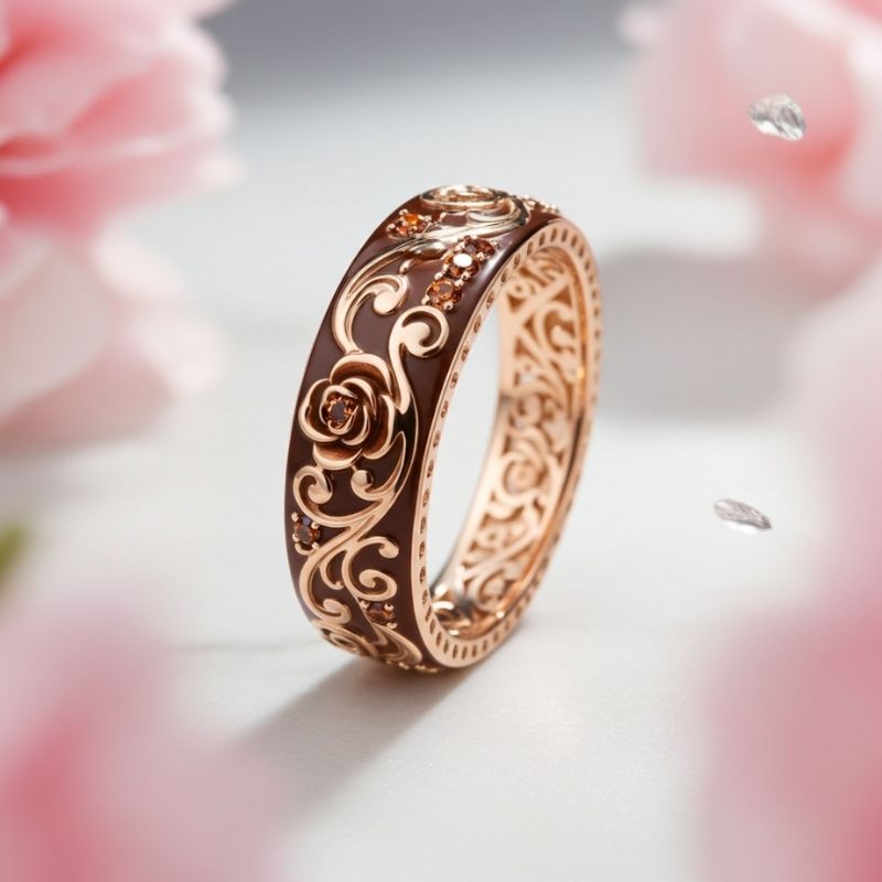 Sotiya Victorian Rococo Flower Enamel Round Cut Coffee Women's Wedding Ring Sterling Silver-Sotiya