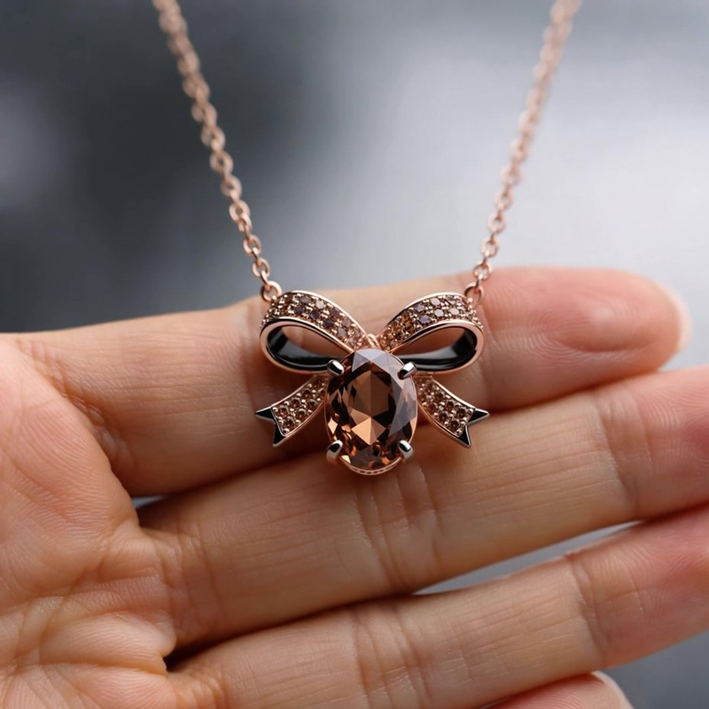 Sotiya Two Tone Bow Knot Oval Cut Coffee Necklace Sterling Silver-Sotiya